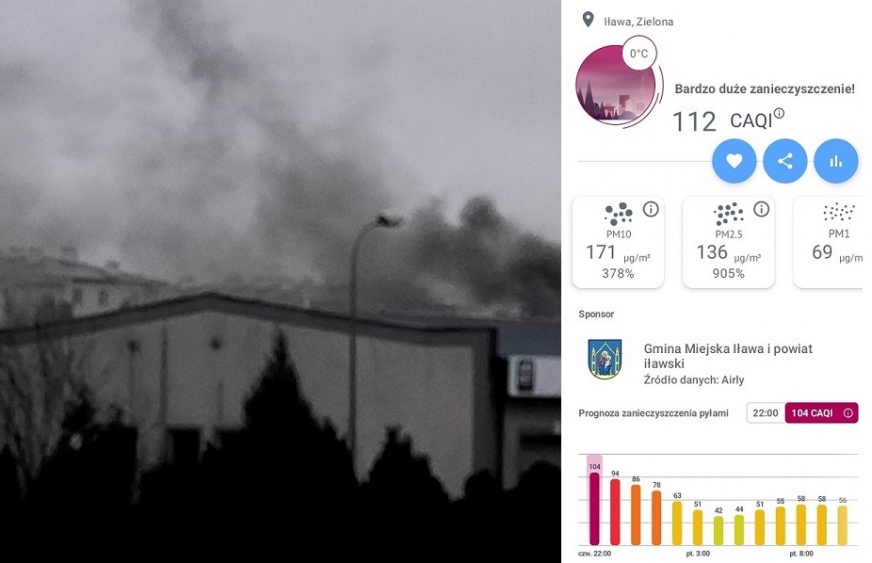 Po prawej - jakość powietrza na osiedlu Piastowskim w Iławie - zrzut ekranu z aplikacji airly.