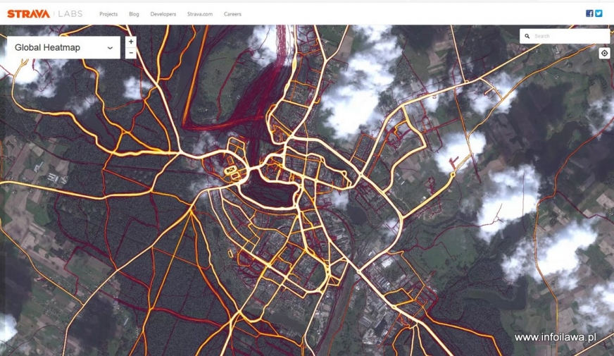 Mapa cieplna obrazująca najpopularniejsze wśród użytkowników aplikacji trasy, tutaj dla wszystkich aktywności, źródło: Strava.