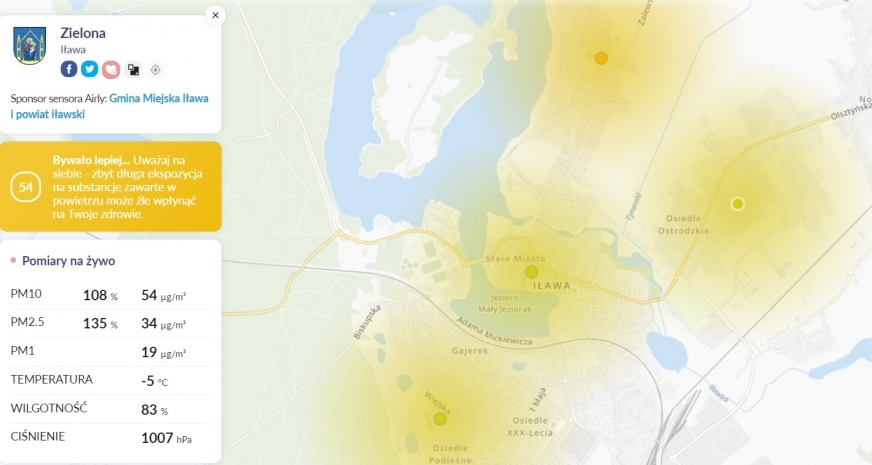 Dzisiejszy widok na mapę z iławskimi urządzeniami mierzącymi jakość powietrza.
