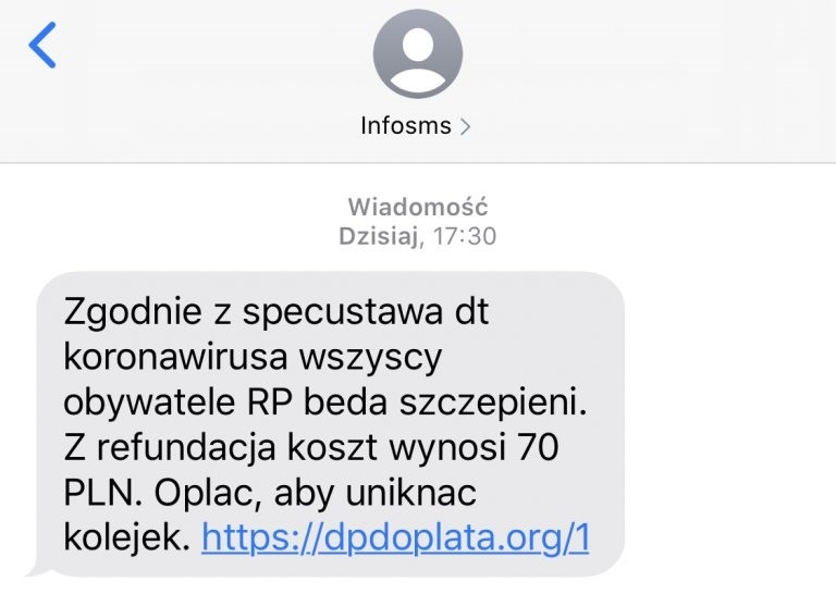 Treść SMS-a kierującego do fałszywego panelu płatności. Nie klikaj na linki w takich wiadomościach!