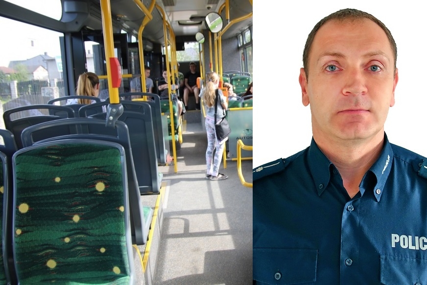 Asp. szt. Tomasz Grysz udzielił pomocy kobiecie w ciąży, która zasłabła w autobusie.