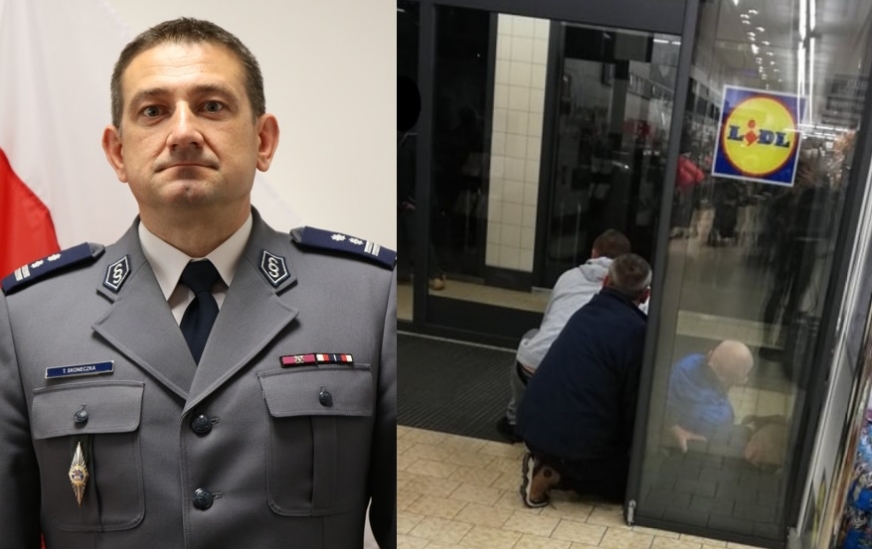 Na zdjęciu szef brodnickiej policji, który akurat robił zakupy w Lidlu, gdy doszło do kradzieży i szarpaniny złodzieja z pracownikiem ochrony.