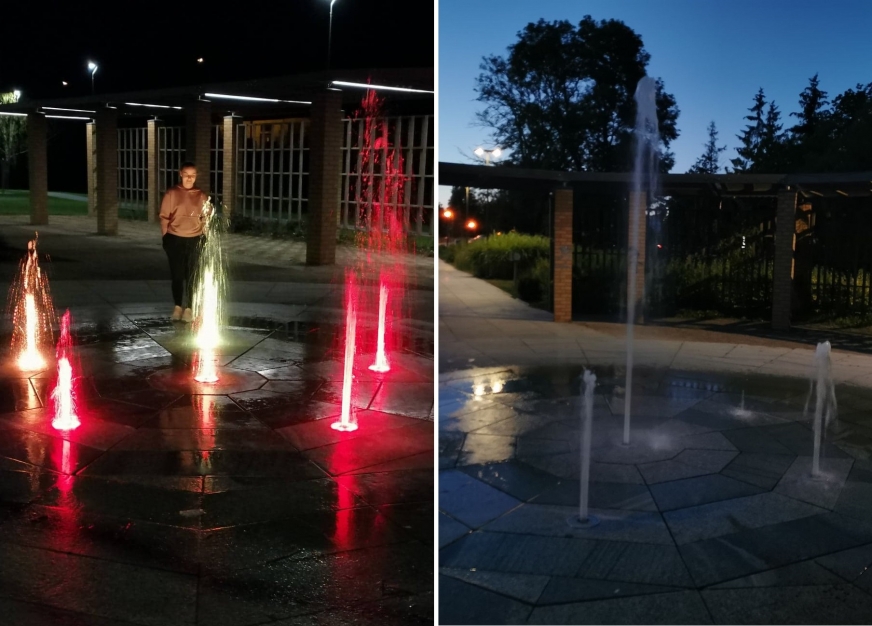 Wcześniej (przed uszkodzeniem) i teraz. Światła LED dodawały fontannie uroku, teraz wodotrysk po zmroku jest pogrążony w ciemności. Dlaczego tak jest, na prośbę Czytelnika, ustaliliśmy w Urzędzie Miasta w Iławie.