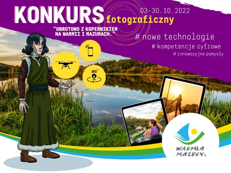 Plakat konkursu fotograficznego „Obrotowo z Kopernikiem na Warmii i Mazurach”.
