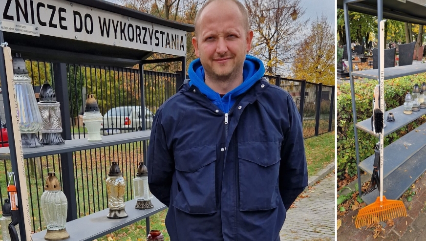 Na zdjęciu Marcin Fornahl - pomysłodawca iławskich zniczodzielni, który teraz uzupełnił tę - stworzoną w tamtym roku - infrastrukturę o sprzęt ogrodniczy do porządkowania nagrobków.