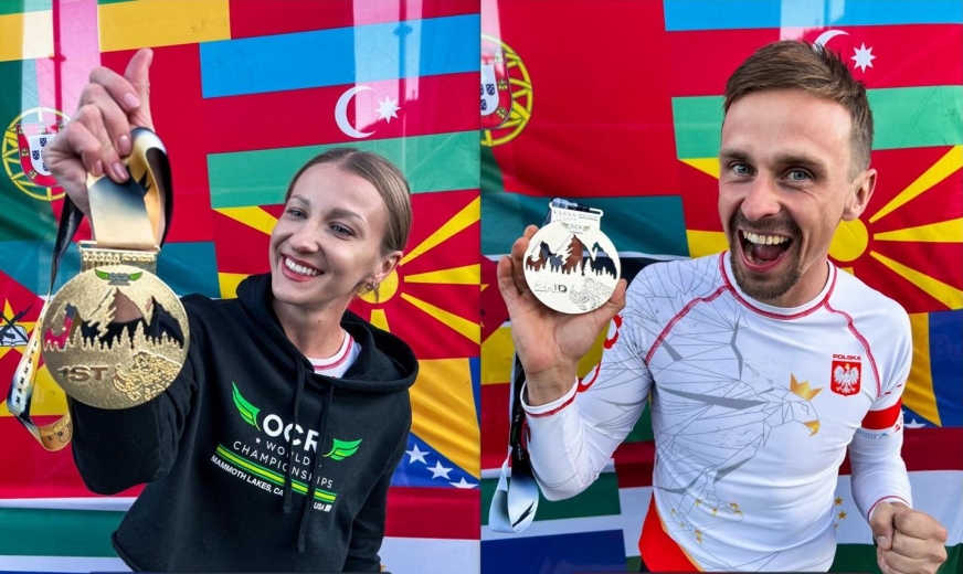 Magda Krause i Mateusz Krawiecki ze swoimi medalami zdobytymi w USA podczas mistrzostw świata w biegach OCR