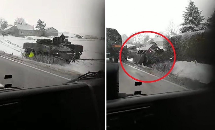 Wojskowy pojazd opancerzony zjechał do przydrożnego rowu na DK-15 w Byszwałdzie.