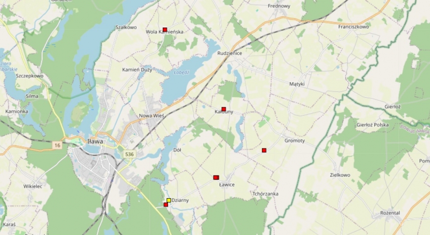 Mapa ognisk H5N1 w gminie Iława.