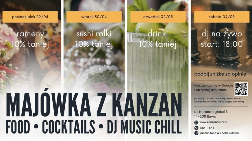 Majówka w Kanzan Food&Cocktails Iława. Daj się zaprosić na ich azjatyckie specjały w wyjątkowej ofercie na długi weekend!