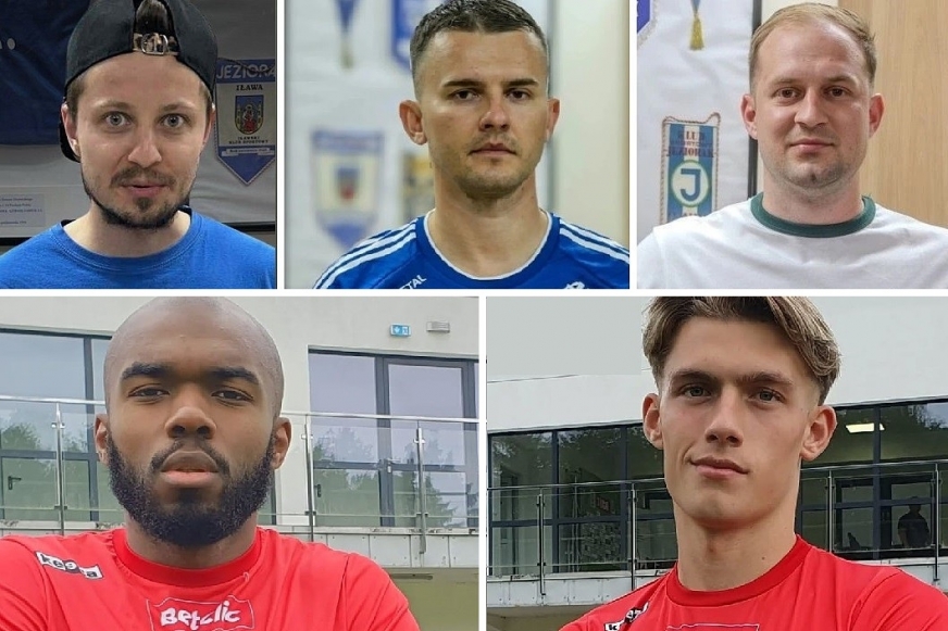 Na górze: nowi zawodnicy Jezioraka – Cezary Nowiński, Michał Jankowski, Hubert Otręba; na dole: Alexandre Bossé i Wojciech Zieliński z GKS-u Wikielec.