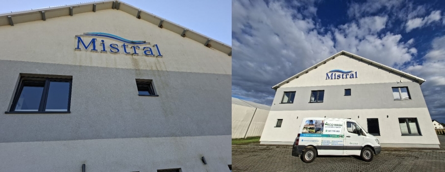 Tu jeden z budynków oczyszczonych przez Eco Wash, przed myciem i po