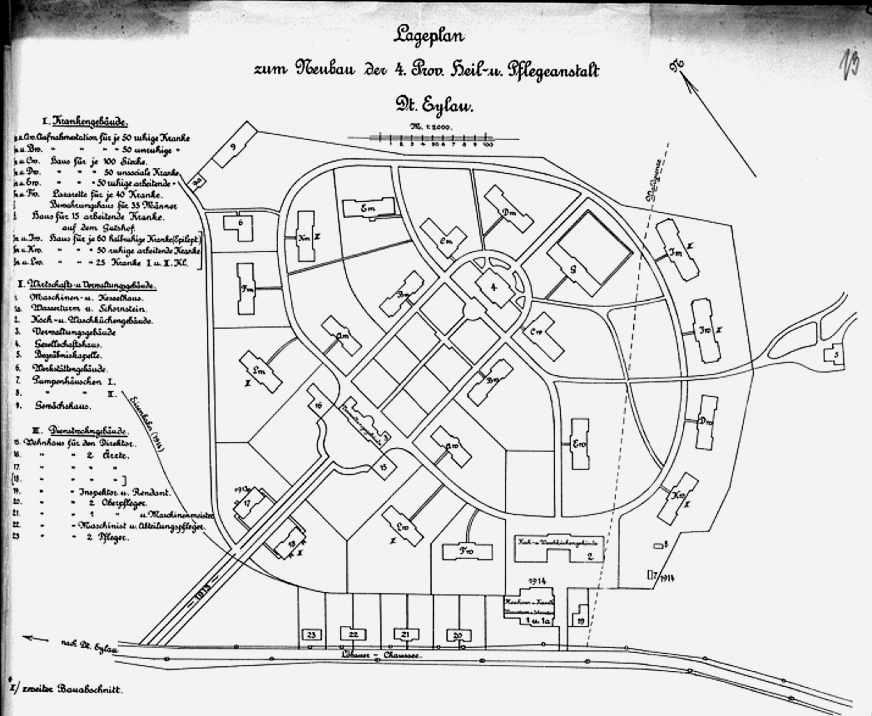 Plan zakładu dla obłąkanych Fretee, który miał powstać na terenie dzisiejszego Os. Lubawskiego i okolic 