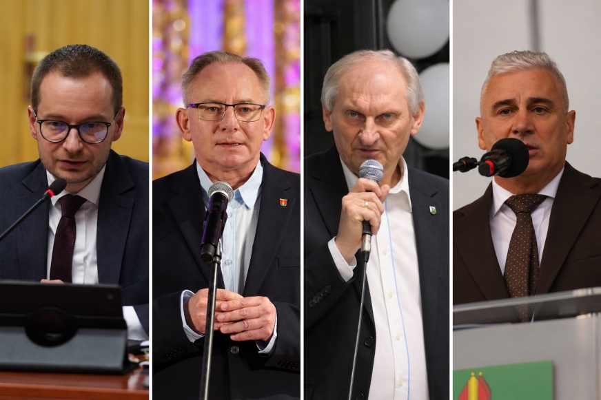 Od lewej: Dawid Kopaczewski, Maciej Radtke, Krzysztof Harmaciński, Tomasz Ewertowski - to lokalni samorządowcy, których dotknie ustawa o dwukadencyjności, tzn. nie będą mogli się ubiegać o kolejne kadencje na piastowanych obecnie stanowiskach burmistrzów i wójtów.