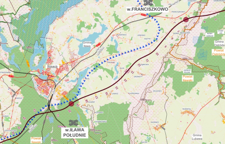 Przebieg wskazanego do realizacji wariantu numer 4 przez powiat iławski.