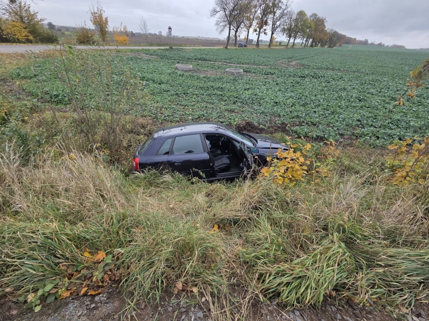 Zdarzenie drogowe na trasie Zalewo – Barty (DW 519). Audi A3 wpadło do rowu, jedna osoba ranna.